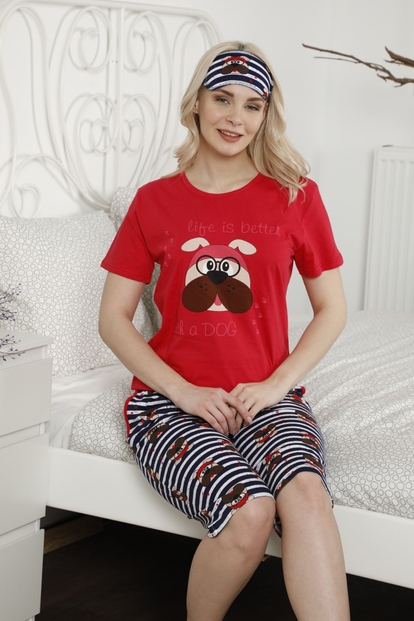 Kırmızı Life is Better with Dog Desenli Kapri Kadın Pijama Takımı - 1