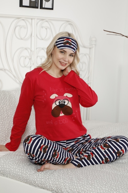Kırmızı Life is Better with Dog Desenli Uzun Kollu Kadın Pijama Takımı - 1
