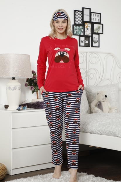Kırmızı Life is Better with Dog Desenli Uzun Kollu Kadın Pijama Takımı - 2