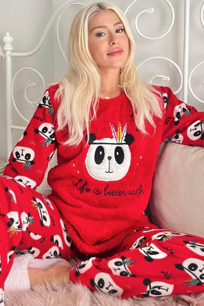 Kırmızı Life Panda Desenli Kadın Peluş Pijama Takımı - 1