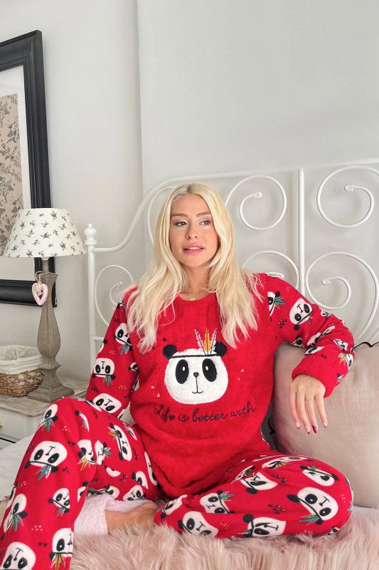 Kırmızı Life Panda Desenli Kadın Peluş Pijama Takımı - Pijamaevi (1)