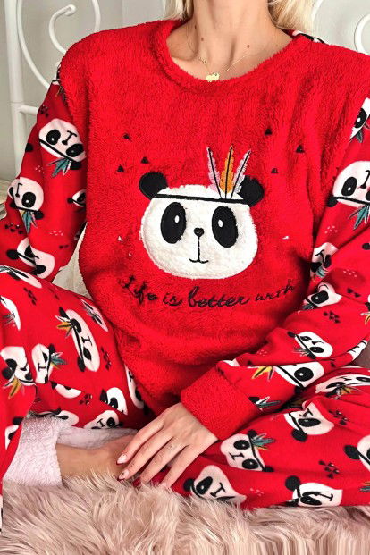 Kırmızı Life Panda Desenli Kadın Peluş Pijama Takımı - 4