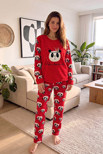 Kırmızı Life Panda Desenli Kadın Peluş Pijama Takımı - 6