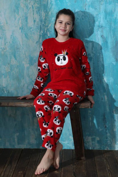 Kırmızı Life Panda Desenli Kız Çocuk Peluş Pijama Takımı - 2