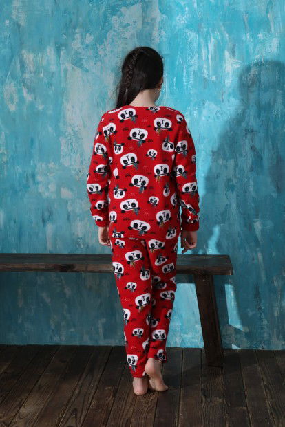 Kırmızı Life Panda Desenli Kız Çocuk Peluş Pijama Takımı - 5