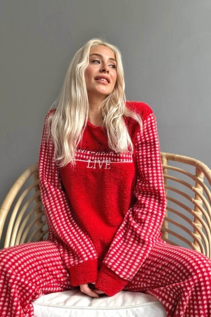 Kırmızı Live Desenli Kadın Peluş Pijama Takımı - 6