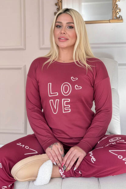 Kırmızı Love Desenli Termal Kadın Pijama Takımı 