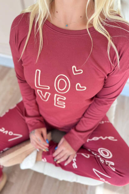 Kırmızı Love Desenli Termal Kadın Pijama Takımı - 3