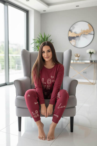 Kırmızı Love Desenli Termal Kadın Pijama Takımı - 5