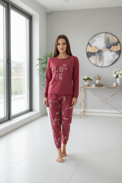 Kırmızı Love Desenli Termal Kadın Pijama Takımı - 6