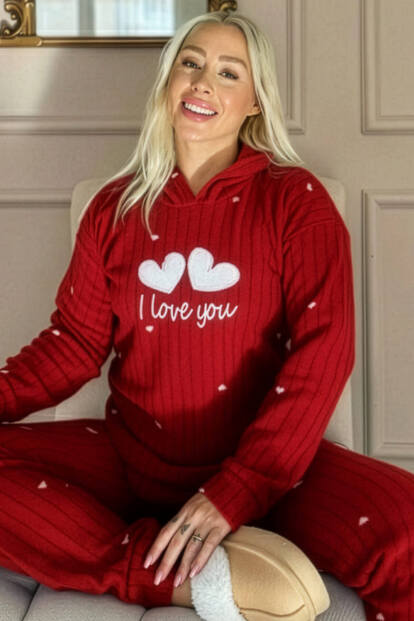 Kırmızı Love You Desenli Kapşonlu Peluş Polar Pijama Takımı - 1