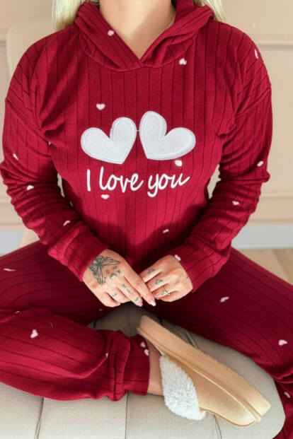 Kırmızı Love You Desenli Kapşonlu Peluş Polar Pijama Takımı - 4