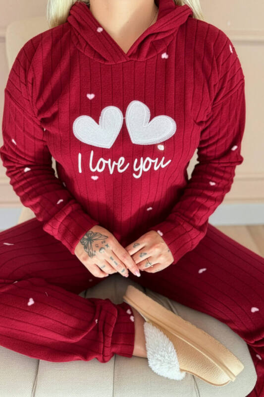 Kırmızı Love You Desenli Kapşonlu Peluş Polar Pijama Takımı - Pijamaevi (3)