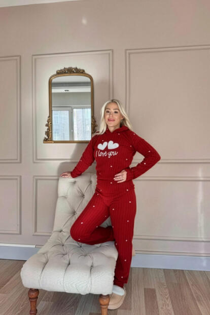 Kırmızı Love You Desenli Kapşonlu Peluş Polar Pijama Takımı - 5