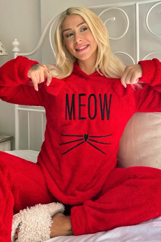 Kırmızı Meow Desenli Tam Peluş Pijama Takımı - Pijamaevi
