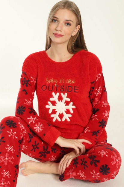 Kırmızı Outside Cold Desenli Kadın Peluş Pijama Takımı - 1