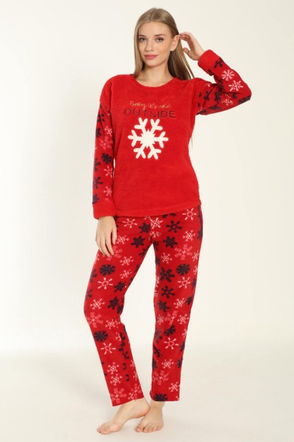 Kırmızı Outside Cold Desenli Kadın Peluş Pijama Takımı - 2