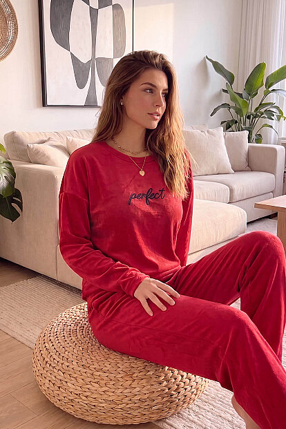 Kırmızı Perfect Desenli Exclusive Kadife Kadın Pijama Takımı  - 2