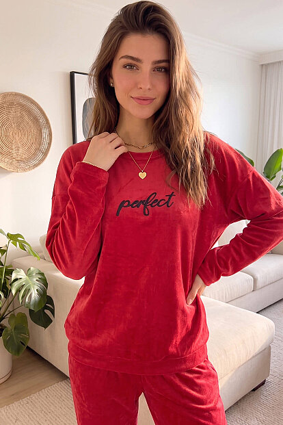 Kırmızı Perfect Desenli Exclusive Kadife Kadın Pijama Takımı  - 7