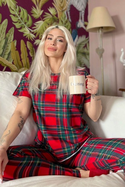 Kırmızı Plaid Baskılı Kısa Kollu Kadın Pijama Takımı - 1