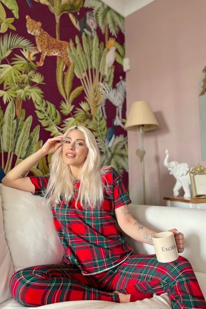 Kırmızı Plaid Baskılı Kısa Kollu Kadın Pijama Takımı - 2