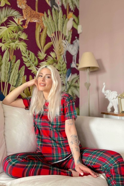 Kırmızı Plaid Baskılı Kısa Kollu Kadın Pijama Takımı - 3