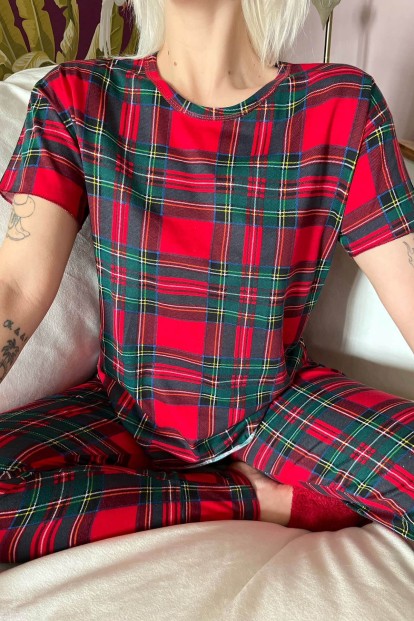Kırmızı Plaid Baskılı Kısa Kollu Kadın Pijama Takımı - 4
