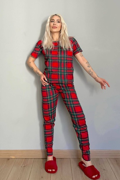 Kırmızı Plaid Baskılı Kısa Kollu Kadın Pijama Takımı - 5