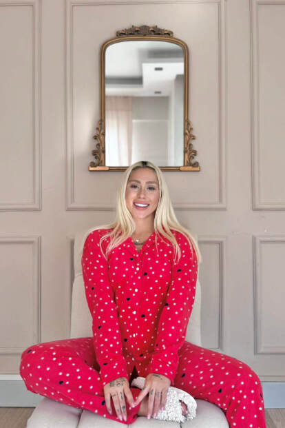 Kırmızı Point Heart Desenli Önden Düğmeli Peluş Polar Pijama Takımı - 2