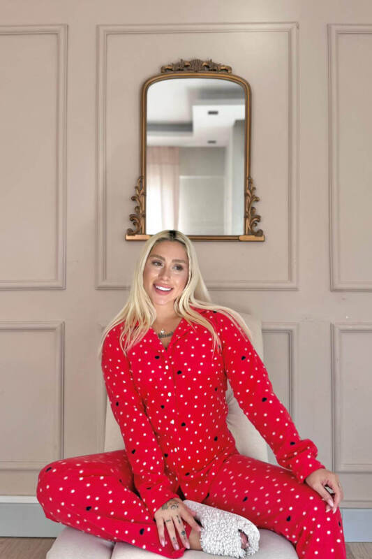 Kırmızı Point Heart Desenli Önden Düğmeli Peluş Polar Pijama Takımı - Pijamaevi (2)
