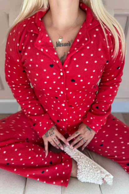 Kırmızı Point Heart Desenli Önden Düğmeli Peluş Polar Pijama Takımı - 5