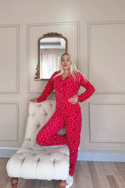 Kırmızı Point Heart Desenli Önden Düğmeli Peluş Polar Pijama Takımı - 6