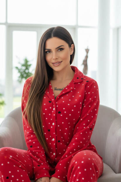 Kırmızı Point Heart Desenli Önden Düğmeli Peluş Polar Pijama Takımı - 2