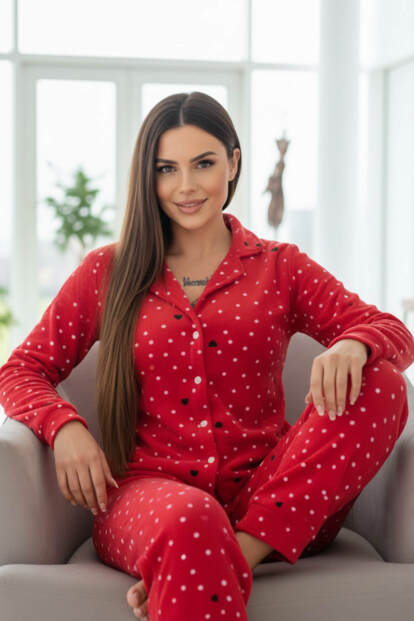 Kırmızı Point Heart Desenli Önden Düğmeli Peluş Polar Pijama Takımı - 4