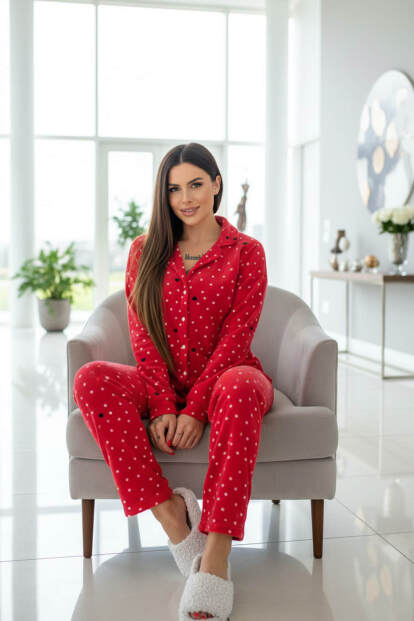 Kırmızı Point Heart Desenli Önden Düğmeli Peluş Polar Pijama Takımı - 5