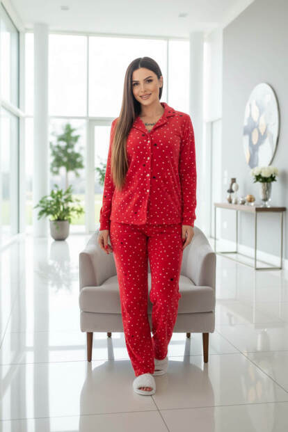 Kırmızı Point Heart Desenli Önden Düğmeli Peluş Polar Pijama Takımı - 6