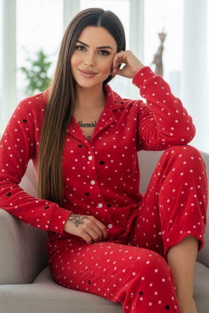 Kırmızı Point Heart Desenli Önden Düğmeli Peluş Polar Pijama Takımı - 7
