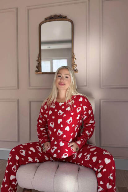 Kırmızı Print Bear Desenli Kanguru Cepli Peluş Polar Pijama Takımı - 2