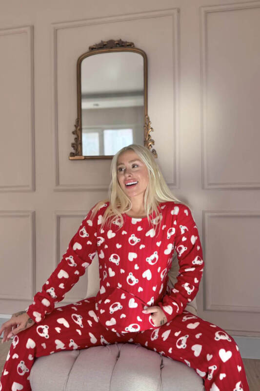Kırmızı Print Bear Desenli Kanguru Cepli Peluş Polar Pijama Takımı - Pijamaevi (2)