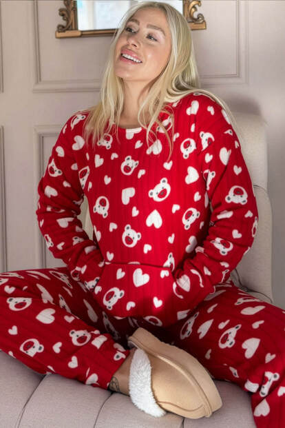 Kırmızı Print Bear Desenli Kanguru Cepli Peluş Polar Pijama Takımı - 6