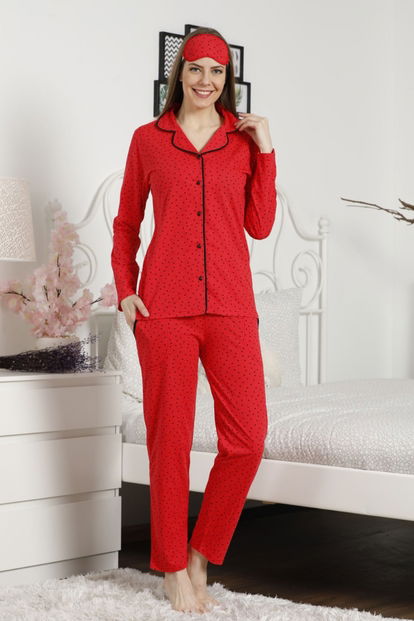 Kırmızı Puan Önden Düğmeli Uzun Kollu Pijama Takımı - 2