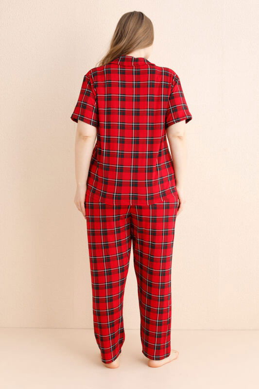 Kırmızı Scottish Charm Desenli Bambu Önden Düğmeli Kısa Kol Büyük Beden Battal Pijama Takımı - Pijamaevi (2)