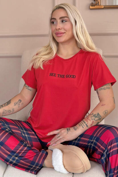 Kırmızı See The Good Desenli Kısa Kollu Örme Kadın Pijama Takım - 7