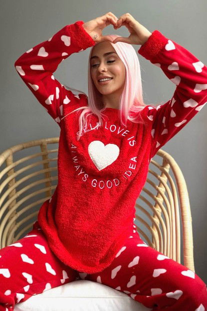 Kırmızı Self Love Desenli Kadın Peluş Pijama Takımı - 1