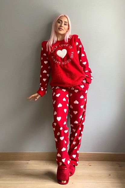Kırmızı Self Love Desenli Kadın Peluş Pijama Takımı - 4