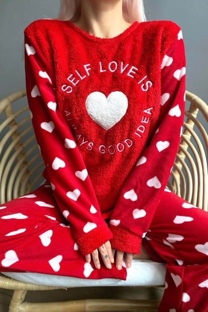 Kırmızı Self Love Desenli Kadın Peluş Pijama Takımı - 5
