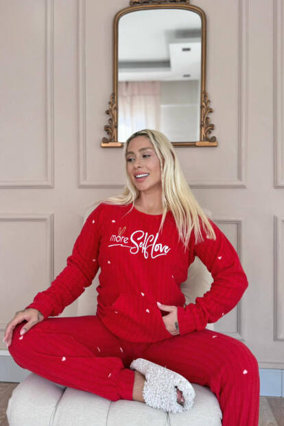 Kırmızı Self Love Desenli Kanguru Cepli Peluş Polar Pijama Takımı - 2