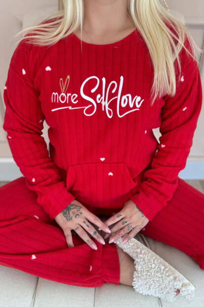 Kırmızı Self Love Desenli Kanguru Cepli Peluş Polar Pijama Takımı - 5