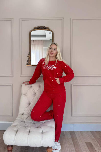 Kırmızı Self Love Desenli Kanguru Cepli Peluş Polar Pijama Takımı - 6