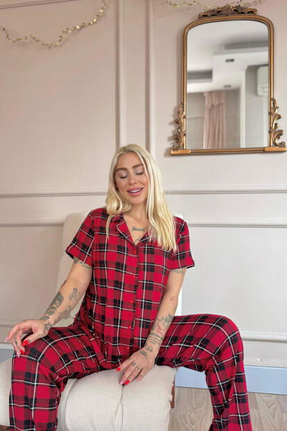 Kırmızı Silhouette Desenli Bambu Önden Düğmeli Kısa Kol Pijama Takımı - 3